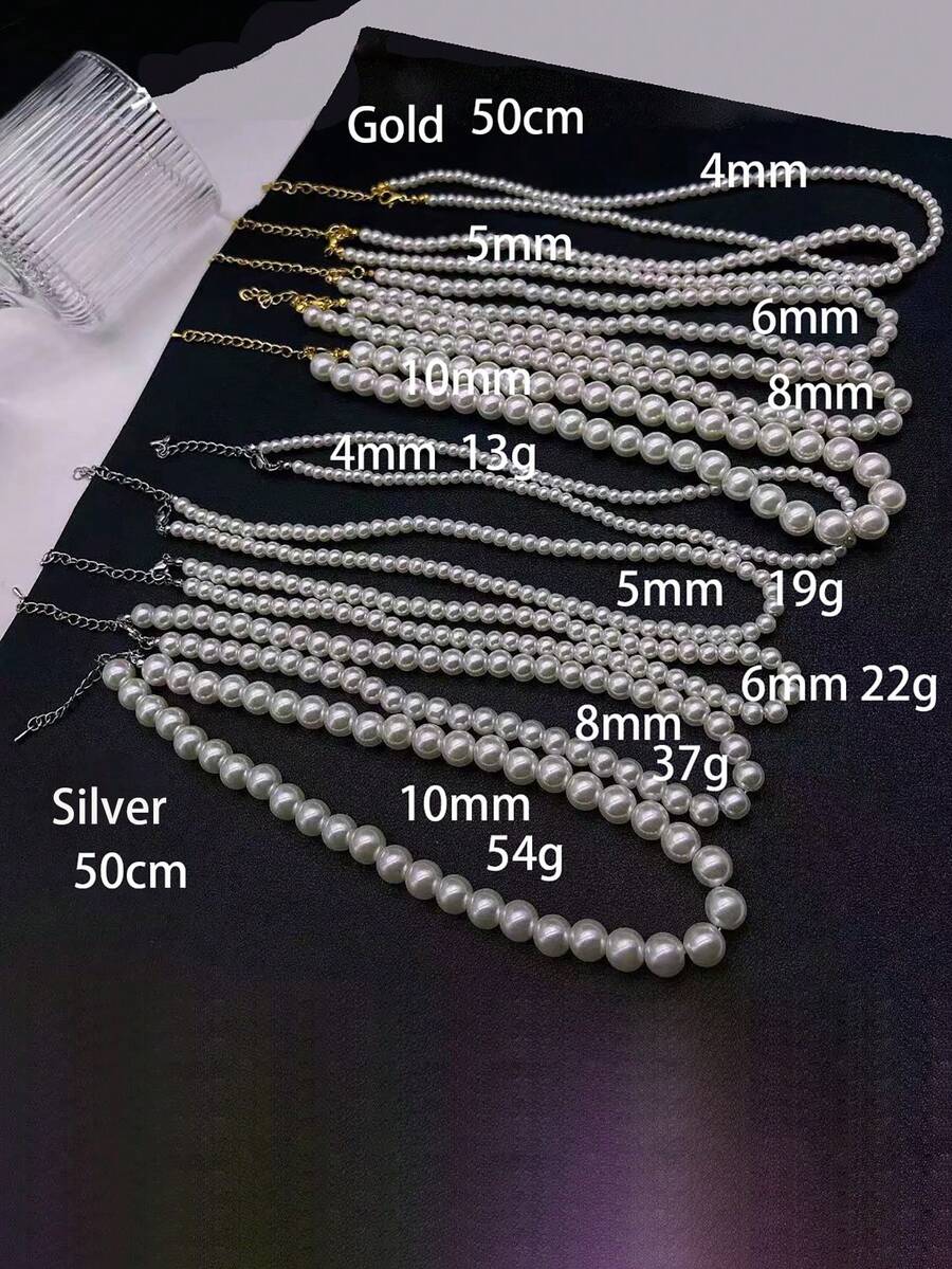 1入組簡約風格金黃色/鋼灰色/珍珠項鍊（女士用）,50cm長,多種尺寸4mm/5mm/6mm/8mm/10mm