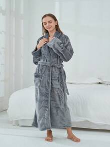1pc Thickened Winter Bathrobe With Thermal Lined For Couples' Homewear Sleepwear, Winter - Grey - View 1