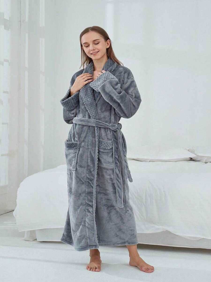 1pc Thickened Winter Bathrobe With Thermal Lined For Couples' Homewear Sleepwear, Winter - Grey - View 1