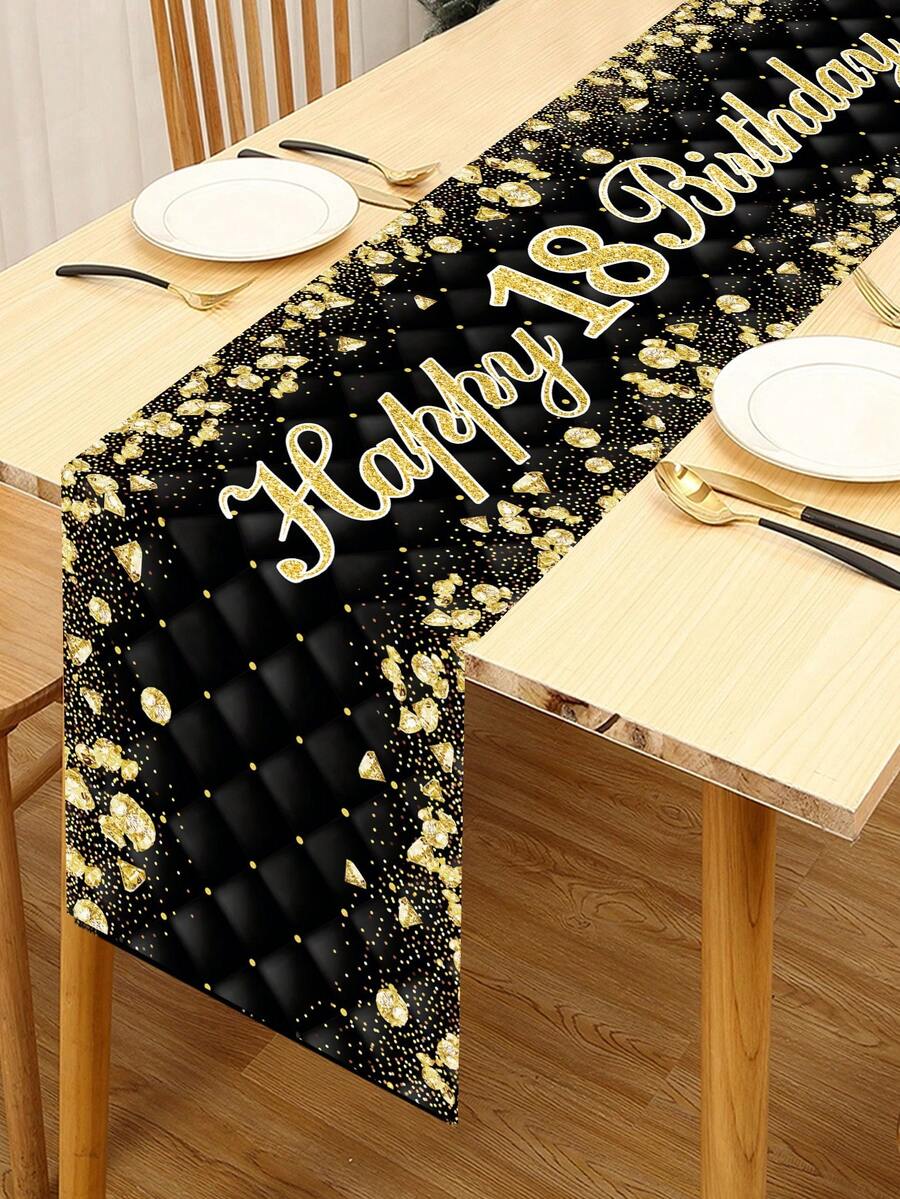 1pc 180*35cm Black Gold Table Runner 18th Birthday Party With Diamond Pattern - Black Gold - View 1