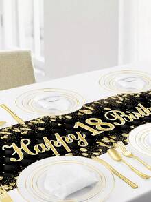 1pc 180*35cm Black Gold Table Runner 18th Birthday Party With Diamond Pattern - Black Gold - View 4