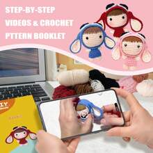 2 件套初學者diy 鉤針套件套裝,帶兔子娃娃玩具紗鉤套裝,包括完整的分步英語視頻教程,適合新手,配有英語說明、紗線、鉤子、剪刀、縫紉針和其他配件（包裝款式隨機）和配件顏色） - 2件-紅和粉 - 查看 2