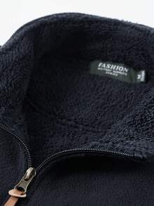 Men's Outdoor Fleece Jacket With Letter Embroidery And Zipper - Navy Blue - View 4