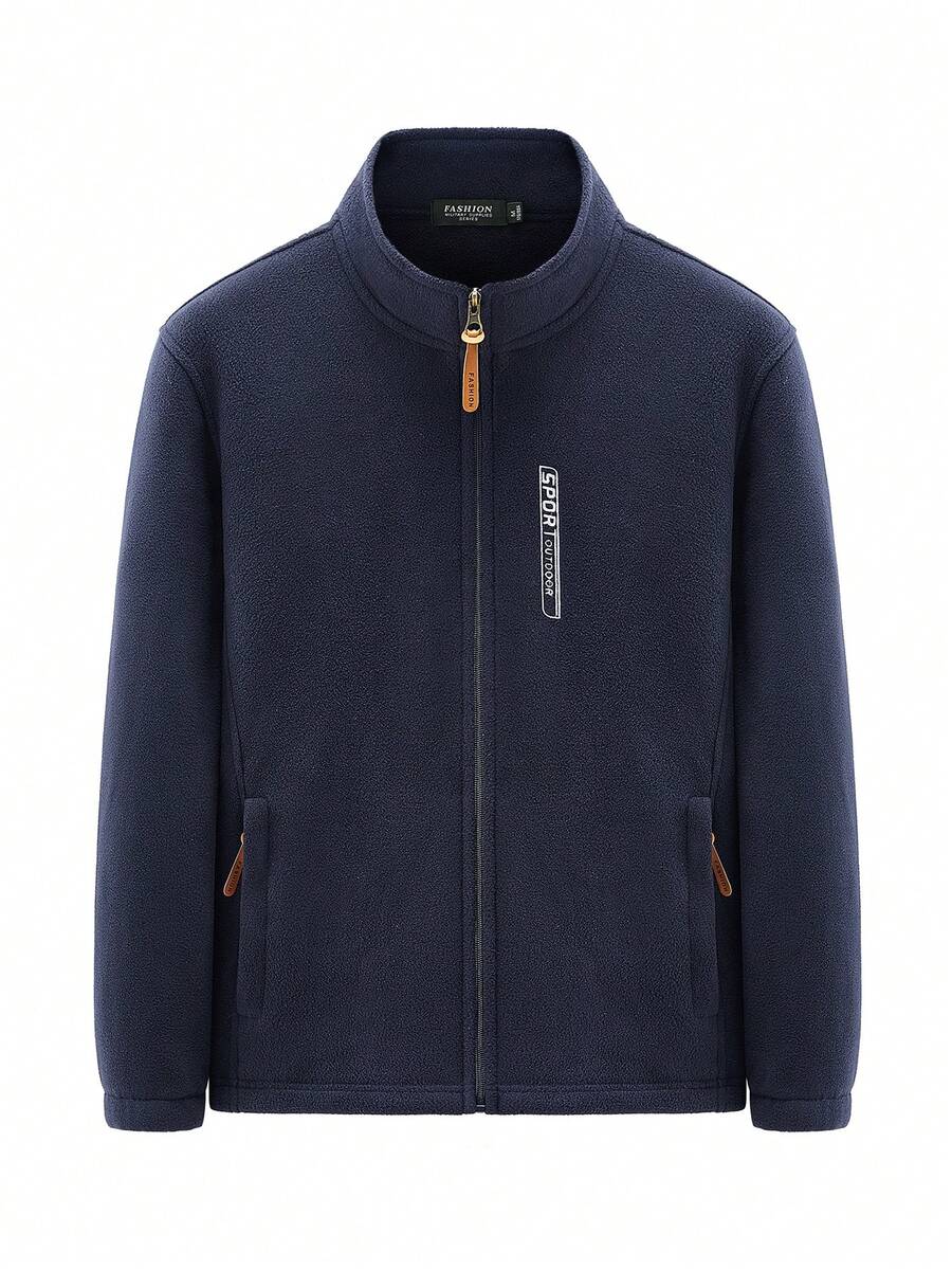 Men's Outdoor Fleece Jacket With Letter Embroidery And Zipper - Navy Blue - View 1