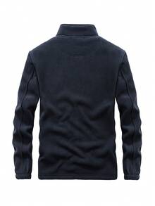 Men's Outdoor Fleece Jacket With Letter Embroidery And Zipper - Navy Blue - View 3