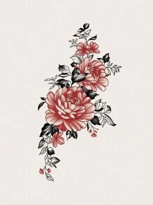 CAT QUEEN ART 1入華麗牡丹花圖案臨時紋身貼紙,可貼於手臂、胸部、腹部和後背 - 彩色 - 查看 6