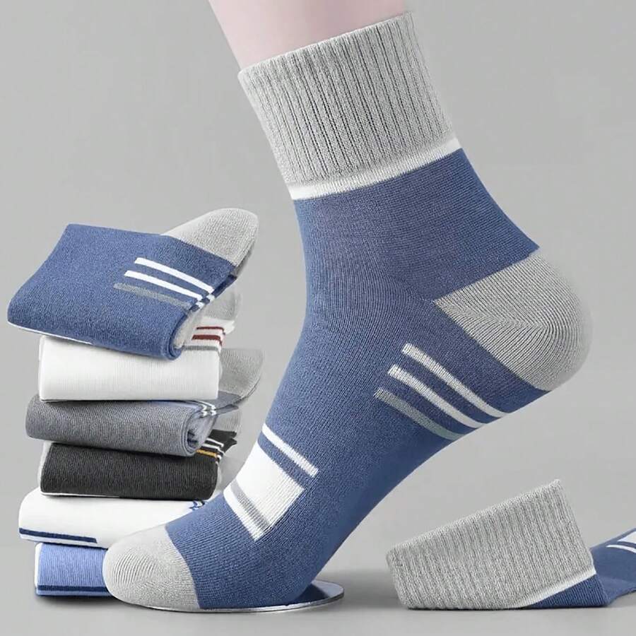 Sports Outdoor 5pairs Gift Set Men's Thick, Breathable, Antimicrobial, Sweat Absorbing, Casual, Striped, Basketball, Autumn/Winter Warm Mid-Calf Socks - Multicolor - View 1