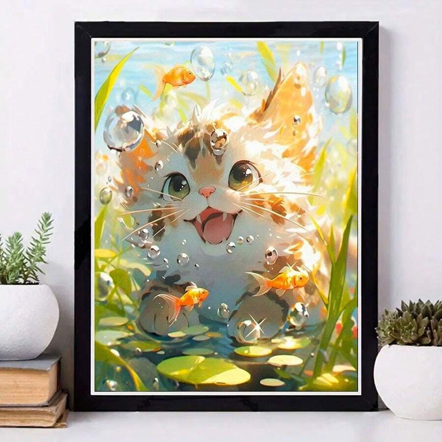 1套可愛的貓咪抓魚5d鑽石畫套件,適合初學者,動物diy藝術禮物,十字繡拼貼,手工製作家居壁飾 - 彩色 - 查看 1