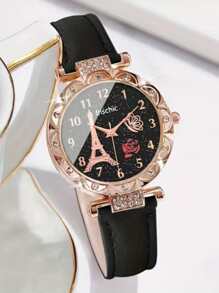 6pcs/Set Girls' Watch Eiffel Tower Design Quartz Watch, Shiny Rhinestone Analog Watch And Bracelet, Nice Gift For Kids - Black - View 4