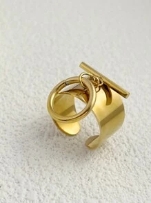 1pc Fashionable Stainless Steel Men Ring With Ot Buckle Design, Gold Plated And Non-Fading, Unisex, Valentine's Day Gift - OT Buckle Fashion Ring - View 12