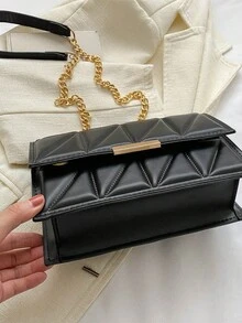 1個女性方形三角格棉被拼接pu翻蓋時尚肩背包,適合秋冬日常使用 - 黑色 - 查看 8