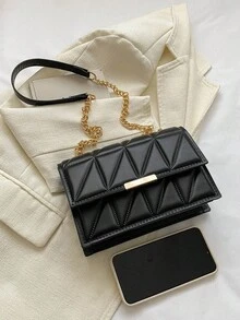 1個女性方形三角格棉被拼接pu翻蓋時尚肩背包,適合秋冬日常使用 - 黑色 - 查看 12