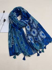 1條簡約印花女士圍巾-時尚長款圍巾帶流蘇,能防曬、當沙灘巾,保暖頸部,可作披肩使用 - 藍色 - 查看 2