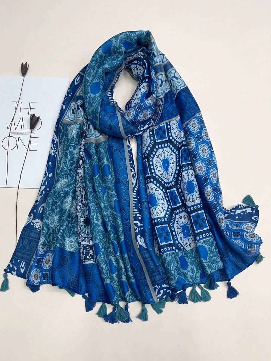 1條簡約印花女士圍巾-時尚長款圍巾帶流蘇,能防曬、當沙灘巾,保暖頸部,可作披肩使用 - 藍色 - 查看 1