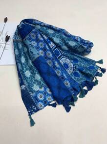 1條簡約印花女士圍巾-時尚長款圍巾帶流蘇,能防曬、當沙灘巾,保暖頸部,可作披肩使用 - 藍色 - 查看 4