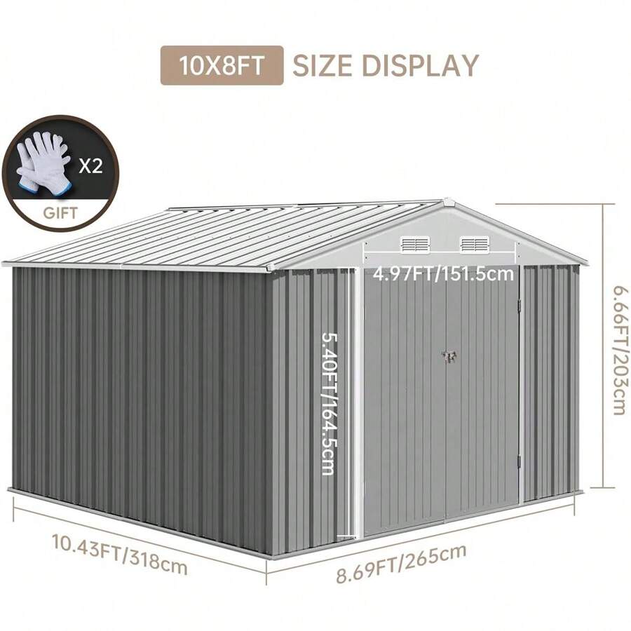 10x8 FT Metal Outdoor Storage Shed, Steel Utility Tool Shed Storage