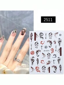 6入組龍紋指甲貼紙,3d彩色龍竹圖案設計中式自粘滑動式指甲藝術裝飾 - 彩色 - 查看 4