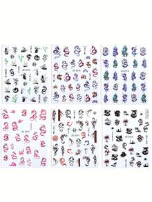 6入組龍紋指甲貼紙,3d彩色龍竹圖案設計中式自粘滑動式指甲藝術裝飾 - 彩色 - 查看 9