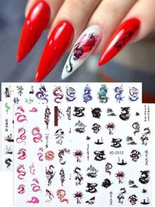 6入組龍紋指甲貼紙,3d彩色龍竹圖案設計中式自粘滑動式指甲藝術裝飾 - 彩色 - 查看 1