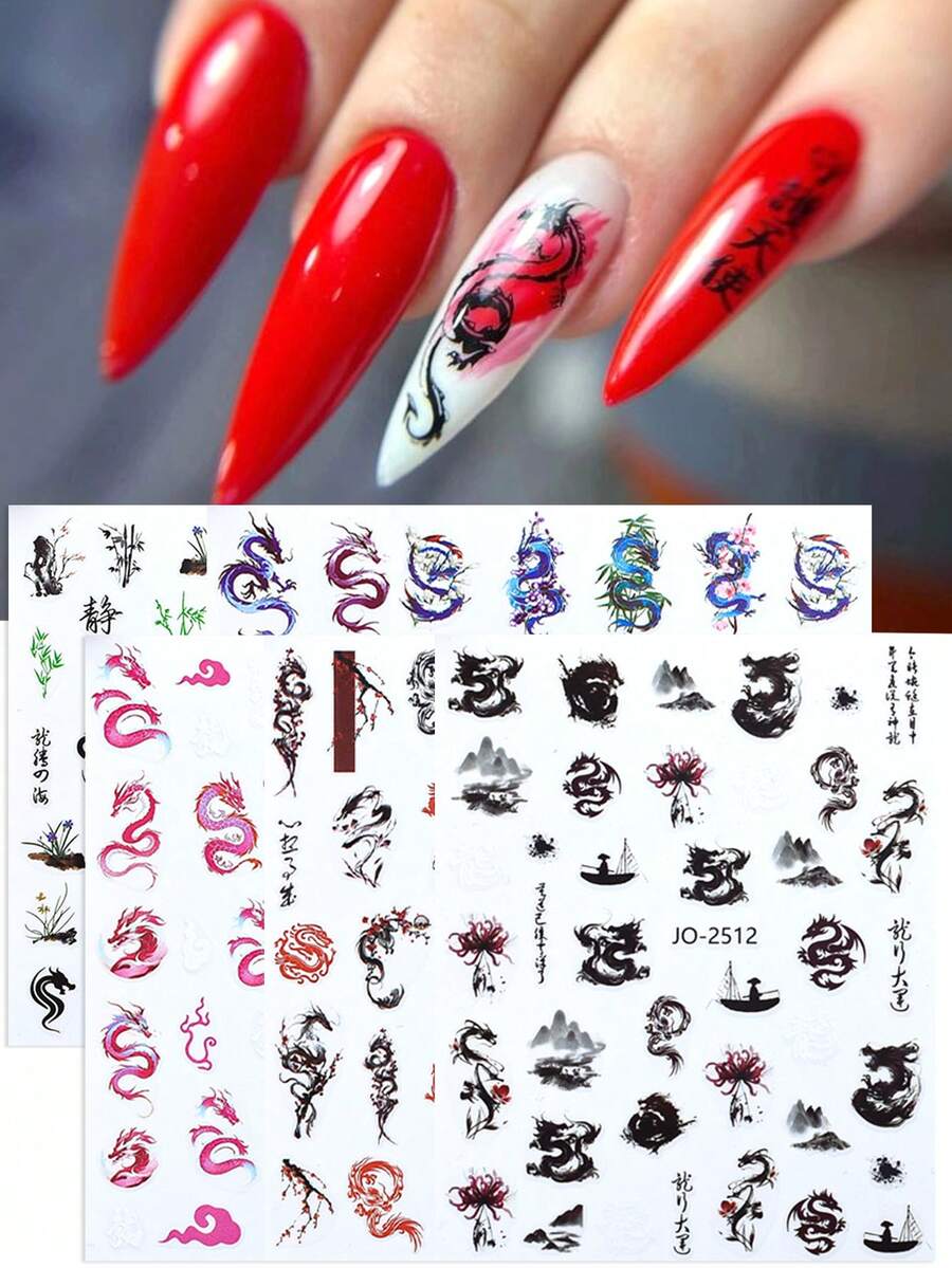 6入組龍紋指甲貼紙,3d彩色龍竹圖案設計中式自粘滑動式指甲藝術裝飾 - 彩色 - 查看 1