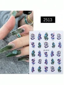 6入組龍紋指甲貼紙,3d彩色龍竹圖案設計中式自粘滑動式指甲藝術裝飾 - 彩色 - 查看 8