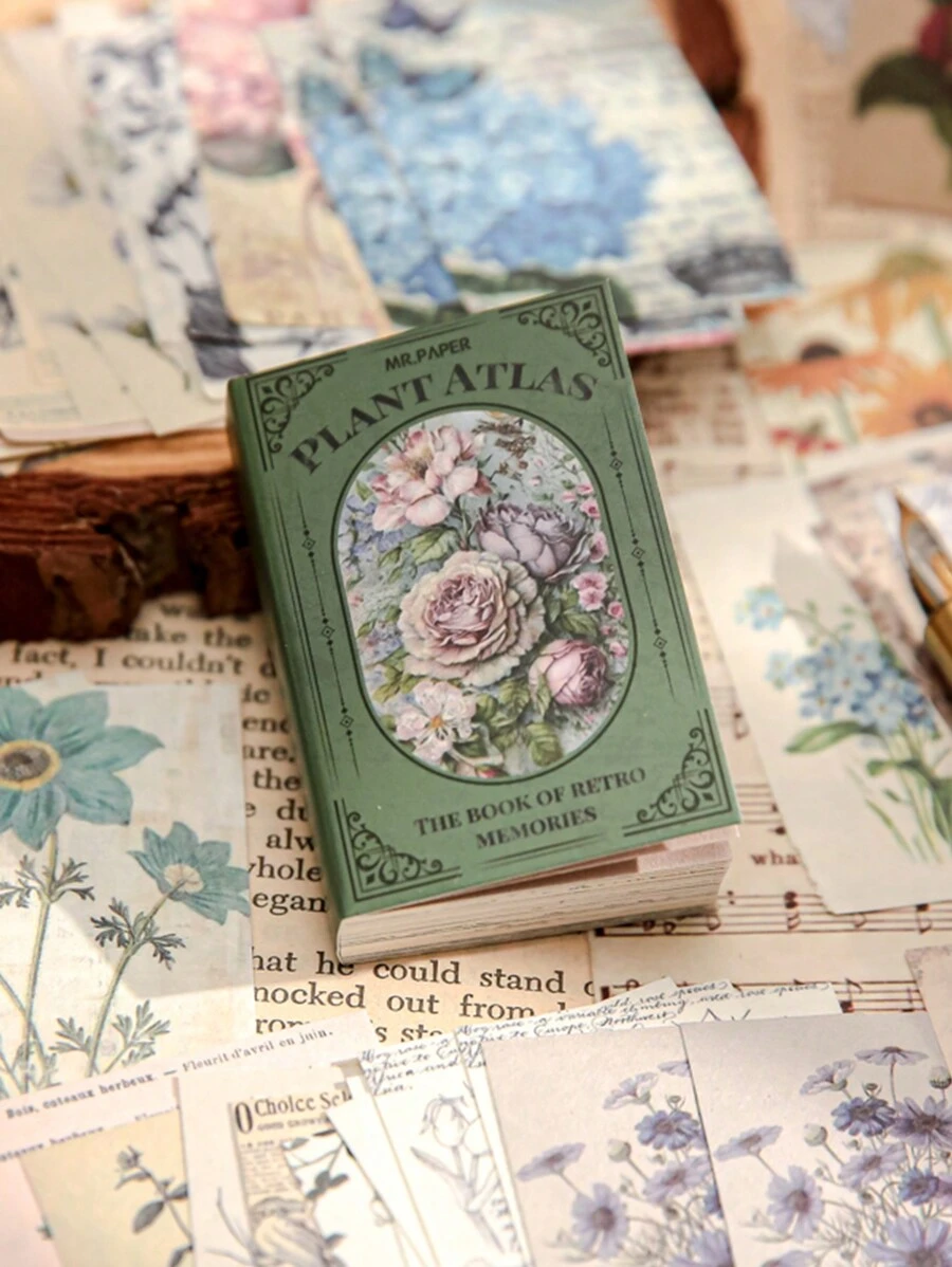 Libro De Memoria Vintage, Mini Libro De Recortes De Papel Desgarrable, Material Para Manualidades, 50 Patrones Diferentes, 2 Hojas/patrón, 100 Hojas En Total. - Multicolor - Ver 1