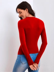 Fashion Adjustable Long Sleeve Basic Blouse - 紅色 - 查看 3