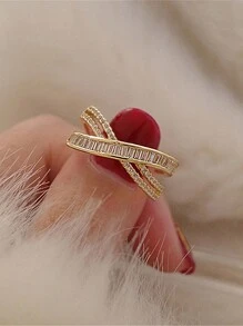 Nooxian 1pc Crossed Opening Super Shiny Cubic Zirconia Copper Ring - Yellow Gold - View 4