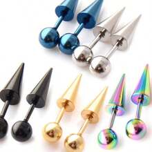 1pc Stainless Steel Long Sharp Cone Shaped Ear Bone Stud Earring Simple Fashionable Unisex - Antique Silver - View 2