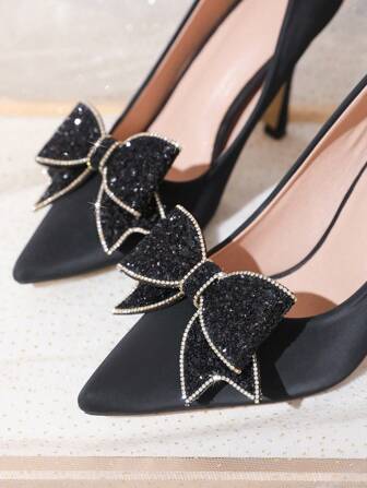 1 对（2 件）可拆卸 DIY 蝴蝶结鞋夹，颜色为黑色、银色、金色、香槟色、杏色、红色，带亮片和水钻，时尚优雅配饰，适合高跟鞋、浅口鞋、平底鞋、商务鞋、新娘鞋