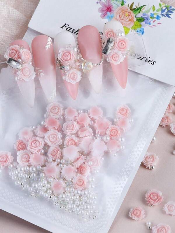 30Pcs Kawaii Pink Carved Roses Nail Charms Roses Flower Nail Parts Valentine'S Day Decoration Nail Accessories For Nail Art Supplies Professionals Diy Nail Gems Nails