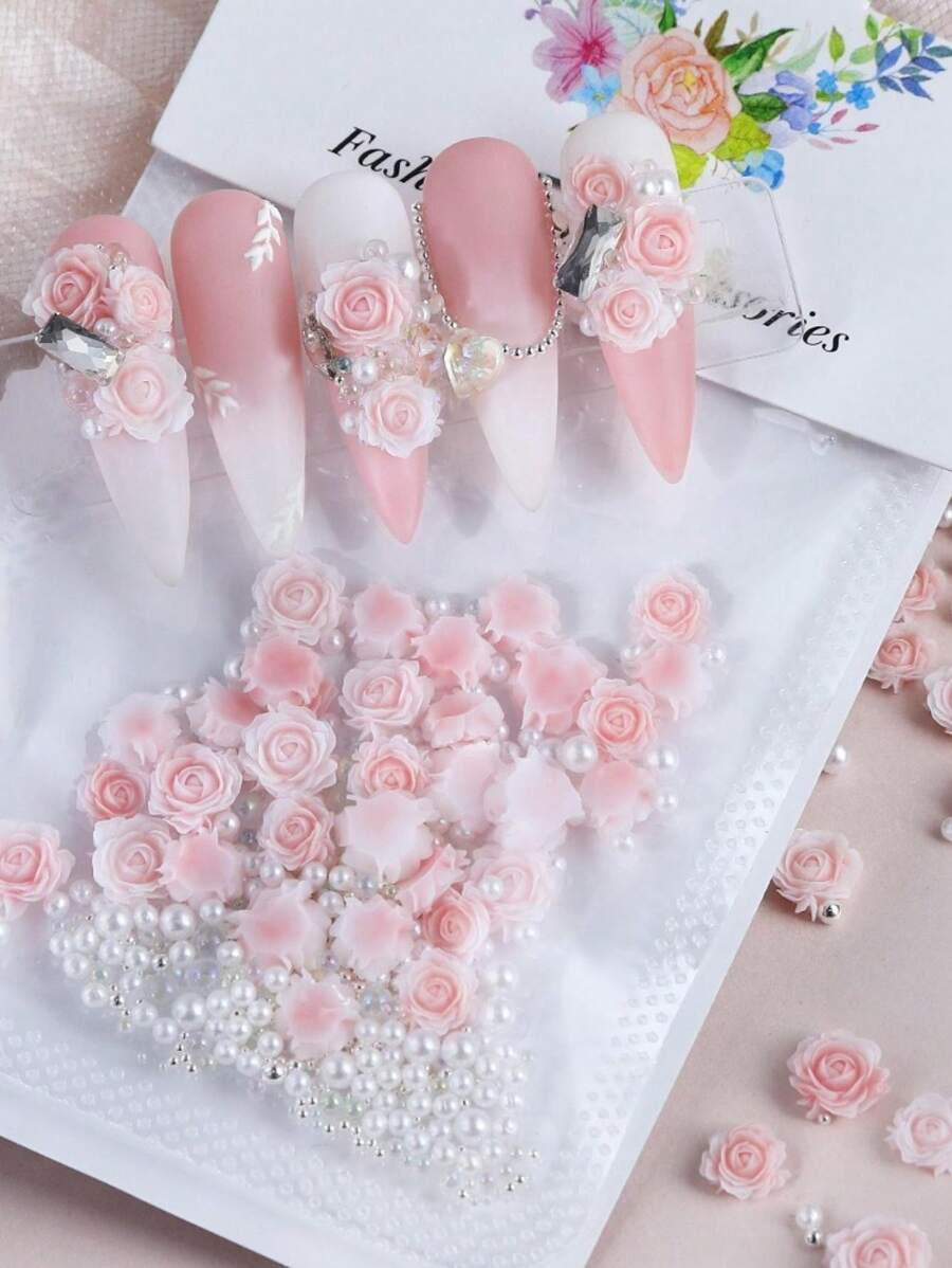 30个可爱粉色雕花玫瑰美甲装饰品，玫瑰花美甲配件，情人节美甲装饰，美甲用品，专业DIY美甲宝石