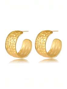 1pair French Fold Design Textured Wide Face Vintage C-Shaped Earrings, Suitable For Women's Daily Wear And Party - Gold - View 7