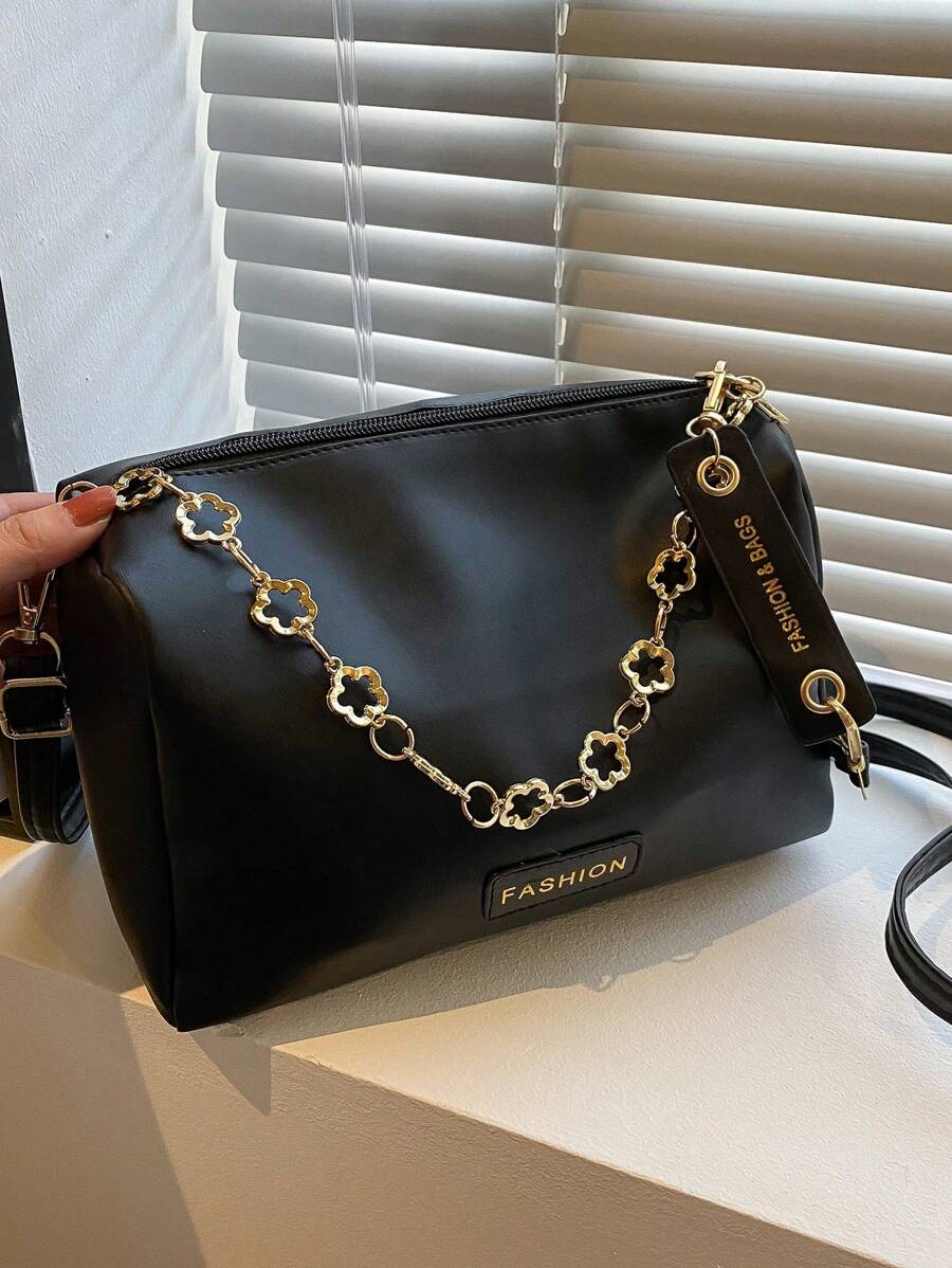 1pc Black Bucket Bag With Metal Chain Decoration, Large Capacity, Fashionable Crossbody Bag For Women - Black - View 1