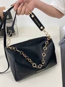 1pc Black Bucket Bag With Metal Chain Decoration, Large Capacity, Fashionable Crossbody Bag For Women - Black - View 5