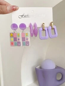 1set 3pairs Geometric Creative Earrings, Uncommon Design Universal Plate Material Ear Drops Costume Jewelry Set - Multicolor - View 8