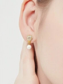 1對精美的貝殼珍珠熱氣球立方氧化鋯電鍍18k金耳環,作為情侶禮物 - 金黃色 - 查看 7