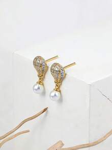 1對精美的貝殼珍珠熱氣球立方氧化鋯電鍍18k金耳環,作為情侶禮物 - 金黃色 - 查看 3