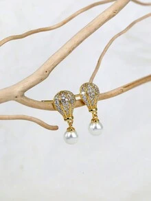 1對精美的貝殼珍珠熱氣球立方氧化鋯電鍍18k金耳環,作為情侶禮物 - 金黃色 - 查看 2