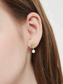 1對精美的貝殼珍珠熱氣球立方氧化鋯電鍍18k金耳環,作為情侶禮物 - 金黃色 - 查看 6