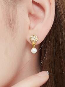 1對精美的貝殼珍珠熱氣球立方氧化鋯電鍍18k金耳環,作為情侶禮物 - 金黃色 - 查看 4