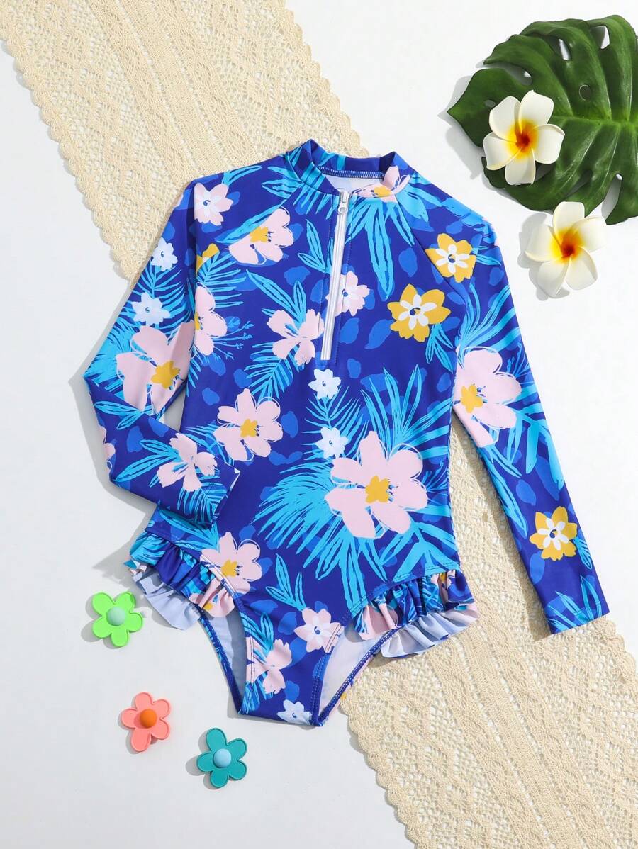 Young Girl Floral Printed Front Zipper One-Piece Swimsuit