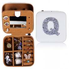 1pc Diamond Shining Letter Shaped Jewelry Box, Large Capacity With Soft Velvet Interior, Waterproof Pu Leather For Women's Travel Outdoor Carry - White - View 12