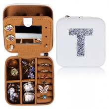 1pc Diamond Shining Letter Shaped Jewelry Box, Large Capacity With Soft Velvet Interior, Waterproof Pu Leather For Women's Travel Outdoor Carry - White - View 28