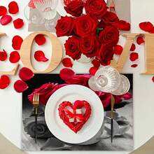 4pcs Romantic Rose In Tea Cup Patterned Placemats, Heat Resistant, Blessing Themed Suits For Couples And Lovers, Suitable For Wedding & Valentine's Day, All Seasons - Red - View 4