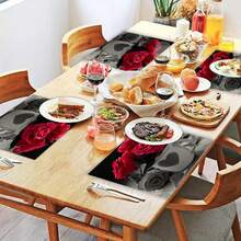 4pcs Romantic Rose In Tea Cup Patterned Placemats, Heat Resistant, Blessing Themed Suits For Couples And Lovers, Suitable For Wedding & Valentine's Day, All Seasons - Red - View 3