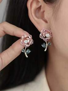 1對粉色水晶玫瑰吊墜耳環,誇張個性化設計,時尚華麗迷人,情人節女性送禮佳品,珠寶飾品 - 彩色 - 查看 4