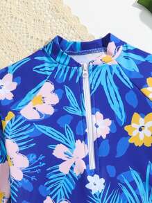 Young Girl Floral Printed Front Zipper One-Piece Swimsuit