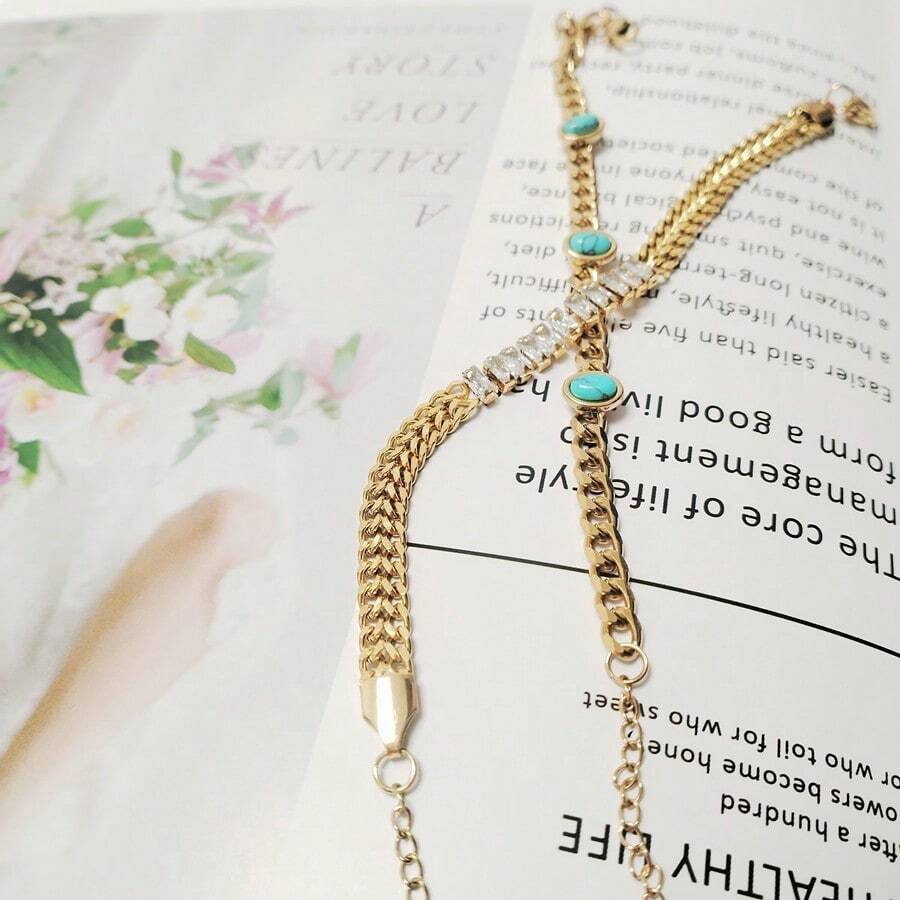 2pcs Fashionable Titanium Steel Blue Turquoise & Rhinestone Decor Vintage Style Bracelet, Suitable For Women's Daily Wear With Extender, Gold - Gold - View 1