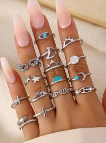 Fashionable Turquoise Angel Wing With Rhinestone Inlaid Ring & Personalized Dolphin Design 15pcs Ring Set For Women - Silver - View 1